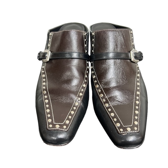 Brighton Shoes Tempe‎ Mules Buckle Studded Black/Chocolate Leather Heeled 8M - Picture 1 of 12